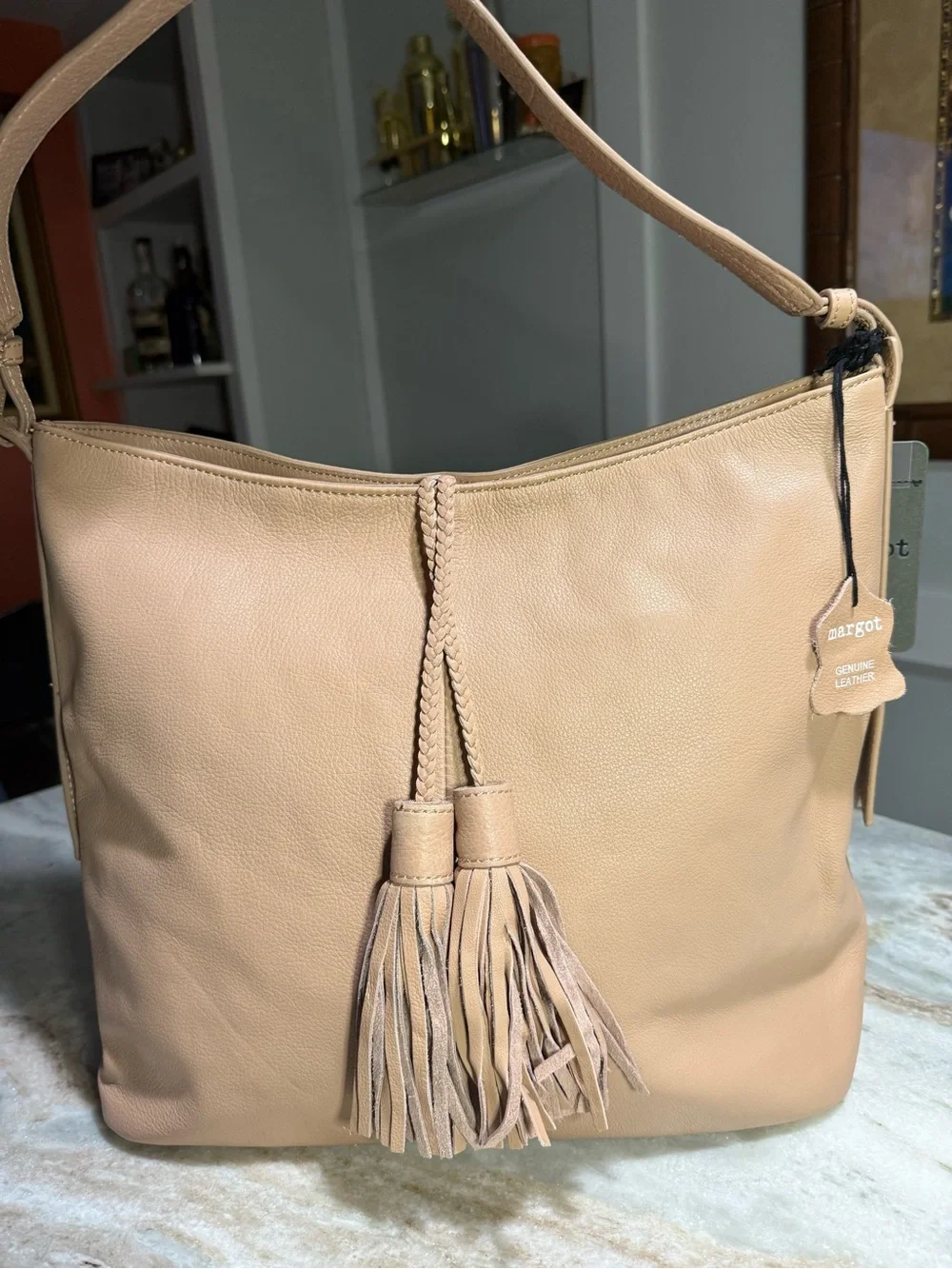 NWT MARGOT Beige Leather Hobo with Braided Tassels